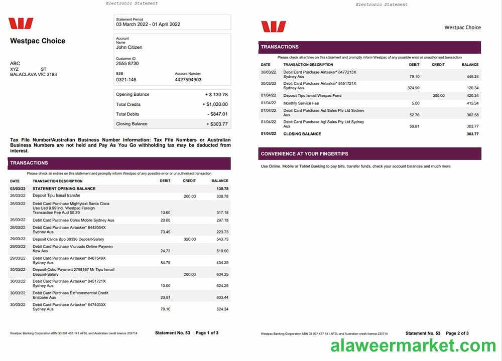 Australia Westpac Bank Statement 3 pages